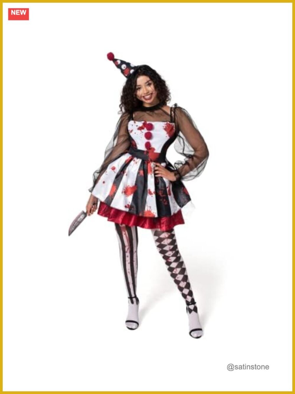 Creepy Clown Costume Women Scary Jester Dress Hat Stockings Halloween S